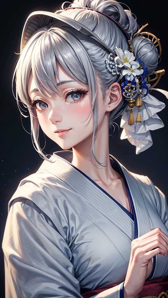 Solo, anime, masterpiece, best quality, high resolution, closeup portrait, a female, bluish gray hair, hair bun, white kimono, Japanese noble lady, amazing composition, front view, HDR, ultra quality, elegant, highly detailed, beautiful lady, smile, girl, young lady.