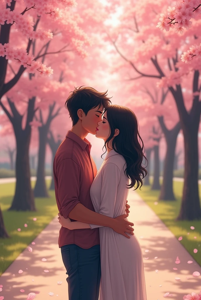 generates the image of an Argentine teenager and a Japanese teenager kissing on the Philosophy Walk under the sakuras