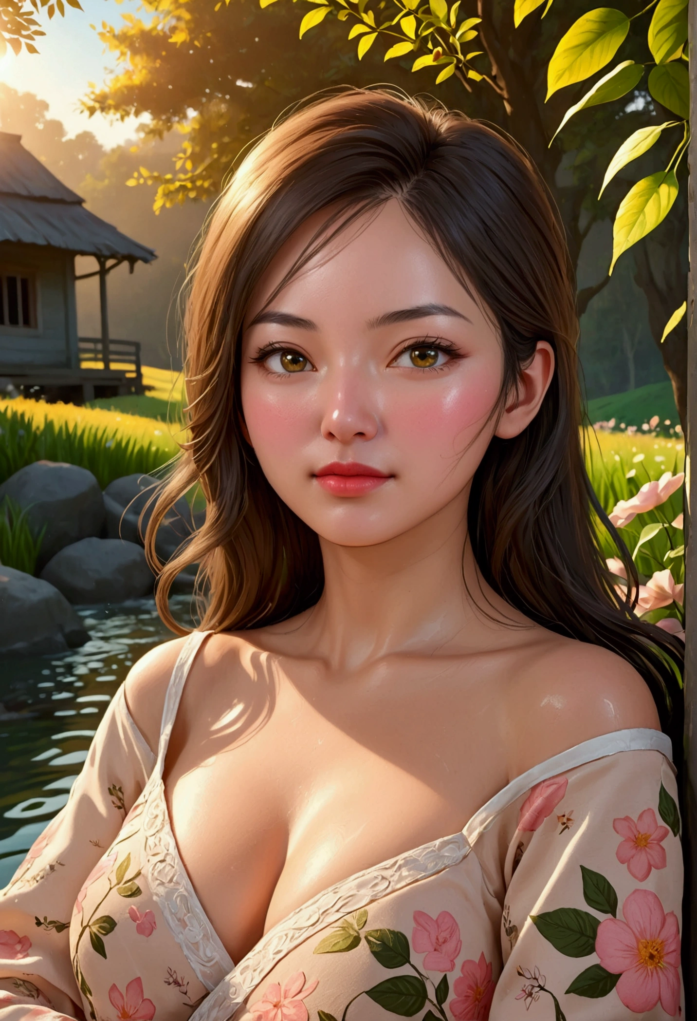 A beautiful Vietnamese girl with sexy breasts, detailed big breasts, detailed beautiful eyes, detailed beautiful lips, detailed long black hair, detailed eyes, extremely detailed face, long eyelashes, detailed eyelashes, intimate moment with boyfriend, girl leaning her head on man's shoulder, Vietnamese man boyfriend, bald head, short hair cut close to head, slightly tanned skin, oval man's face, man wearing glasses, country farm setting, rolling hills, golden sunlight, smooth bright skin, sexy pose, intimate romance, provocative, realistic, 8k, super detailed, masterpiece, dramatic lighting, warm color palette, raw image quality, high quality photo, clear net resolution, (8k, high resolution, RAW image, realistic, realistic: 1.3), (detailed skin texture, detailed fabric texture, detailed water, detailed body texture, face beautiful details: 1.25), professional lighting, photon mapping, beautiful soft light, radiation, physically based rendering, ray tracing, model shooting style, model shooting style, (unity 8k super detailed CG background), full body photo of the world's most beautiful artwork, (8k, high resolution, RAW image, realistic, photorealistic: 1.3), (detailed skin texture, detailed cloth texture, detailed water, detailed trees, detailed textured flowers, detailed leaves, detailed colors, beautifully detailed faces: 1.25), professional lighting, photon mapping, beautiful soft light, radiation, physically based rendering, ray tracing, model shooting style, model shooting style, (unity 8k super detailed CG background), the world's most beautiful full body artwork,