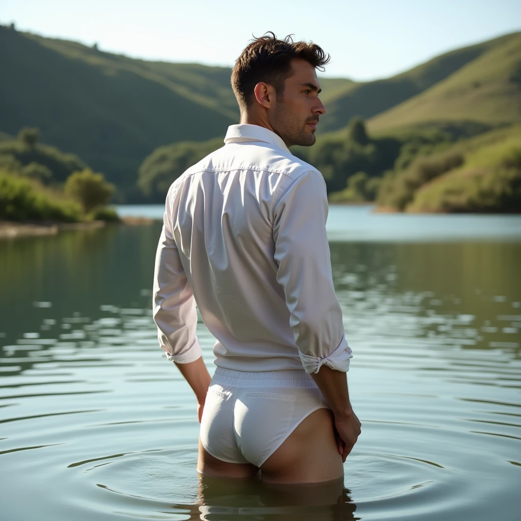 A white man, at 33 years old, model type, with short dark hair, with clear eyes, wearing a full white shirt and boxers, standing backwards, looking at the camera and showing her ass in a lake in Alentejo