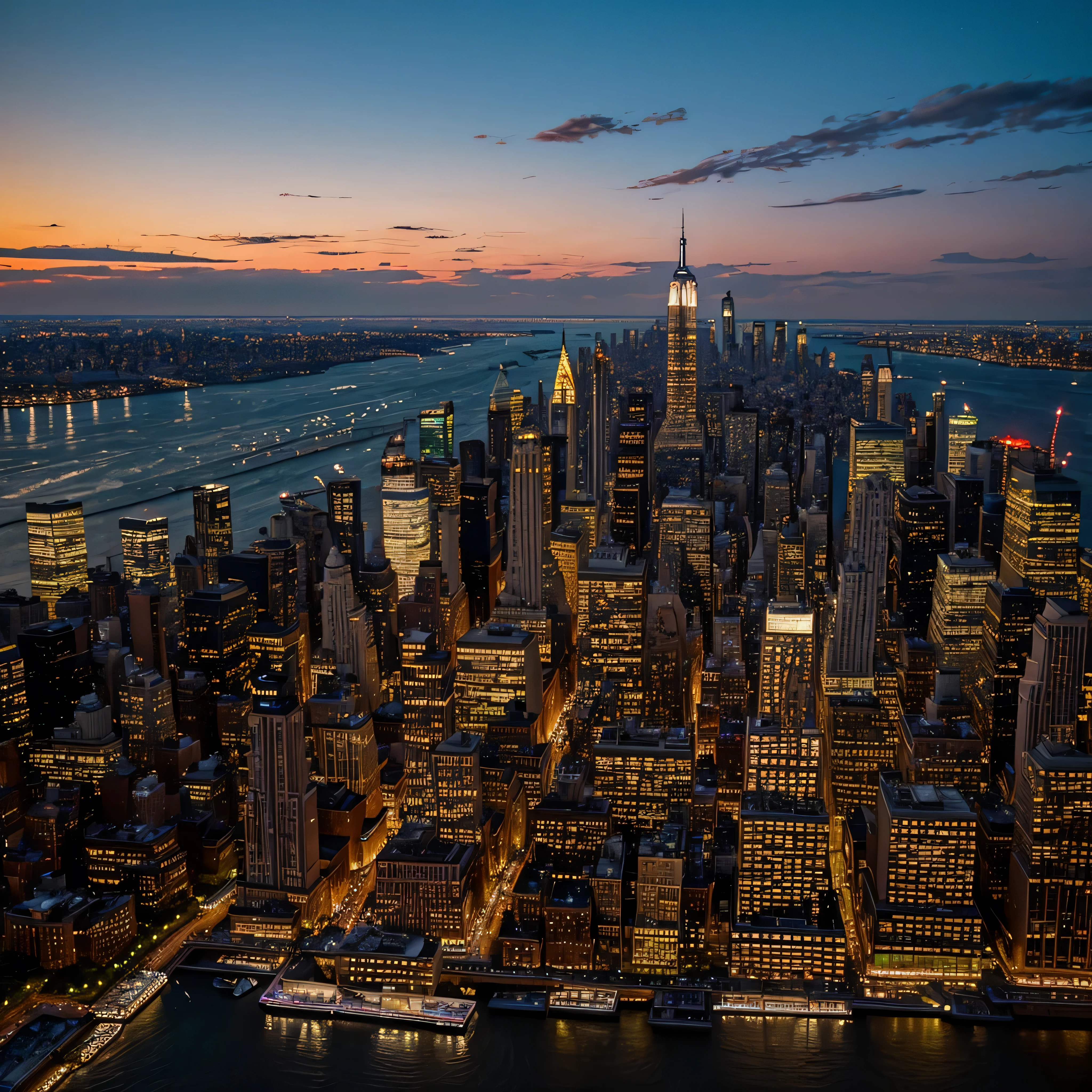 A wide-angle view of New York City's skyline at dusk, featuring the Empire State Building and One World Trade Center, with the city lights reflecting on the Hudson River.