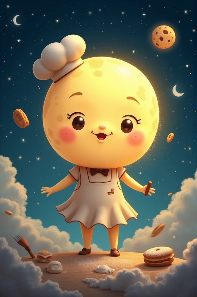 Create a moon wearing a little chef hat or apron, Combining the theme of the moon with a touch of pastry.