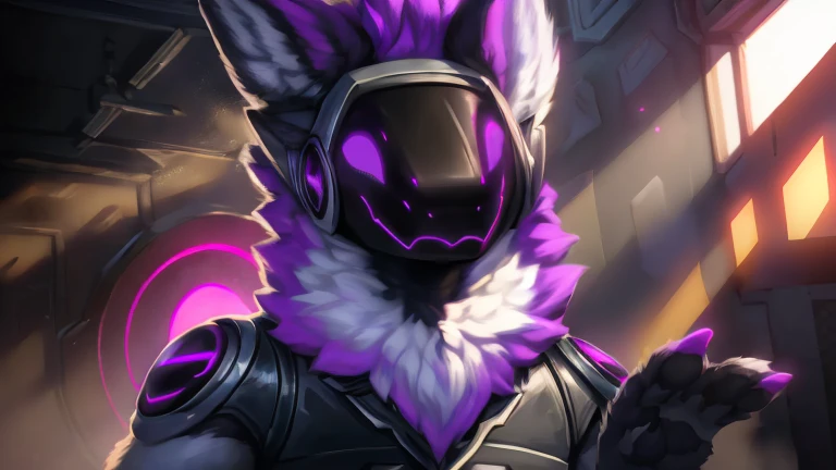 ((Front focus), (During the day:1.6), protogen,furry, Furry,photograph realistic, Dynamic lighting, voluminetric lighting, 4 k'',male people, deepshadow, low tune,purple hair,Nero, Yellow, White, and navy color scheme,full bodyesbian,military chest plate,Round screen on the shoulder,purple neon eyes