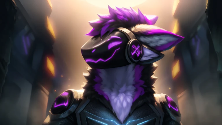 ((Front focus), (During the day:1.6), protogen,furry, Furry,photograph realistic, Dynamic lighting, voluminetric lighting, 4 k'',male people, deepshadow, low tune,purple hair,Nero, Yellow, White, and navy color scheme,full bodyesbian,military chest plate,Round screen on the shoulder,purple neon eyes
