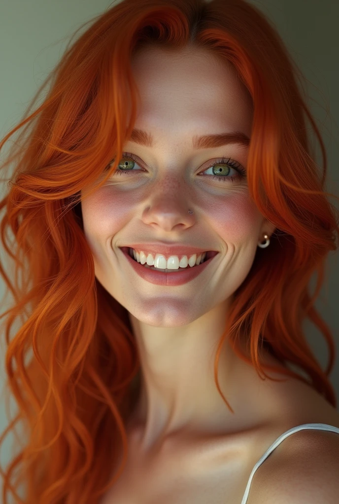 (photorealism:1.2), beautiful woman, redhead green eyes smiling septum
