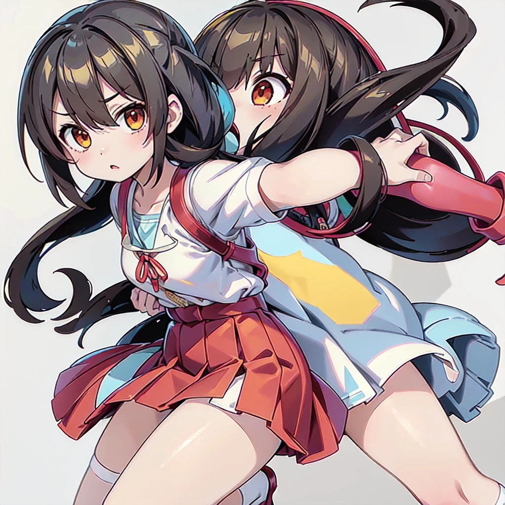 1girl,(((Perfect Anatomy、Highest quality、Masterpiece、Official Art、Super detailed、Dynamic structure、Anime Style)))、Elementary school students、Red dress with large yellow buttons around the waist、White Y-shirt、Red on the neck🎀、White knee-high socks、Brown Loafers、Carrying a red backpack、A soprano recorder is visible from the school bag.、Being buffeted by strong winds、Image from above、Strong wind blowing from the viewer's side、Strong wind blowing from the direction of travel, hair blowing back、Yellow simple background、Black Hair、storm、