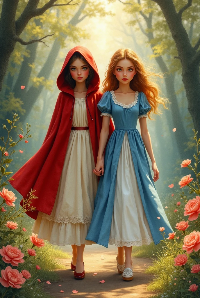 Best image quality, masterpiece level, ultra-high resolution . close-up. Little Red Riding and Snow White walking in a bright forest. front view. Waist-up portrait. Dreamy watercolor style with gentle brushstrokes. Soft pastel colors and delicate floral patterns. Warm sunlight filtering through trees. Beautiful intricate details reminiscent. Vibrant yet muted color palette, bold brushstrokes, whimsical, fantastical, detailed environments, dreamlike quality, delicate, feminine, elegant, captivating, get detailed outdoor lighting and movie lighting, increase detailed overall ambient light, face and eye details, improve the realism of body details, clearly express sharp focus, expressionless,((The best quality)), ((Highly detailed)),oil on canvas. body facing towards viewers, The lens is a zoom lens with a medium aperture.