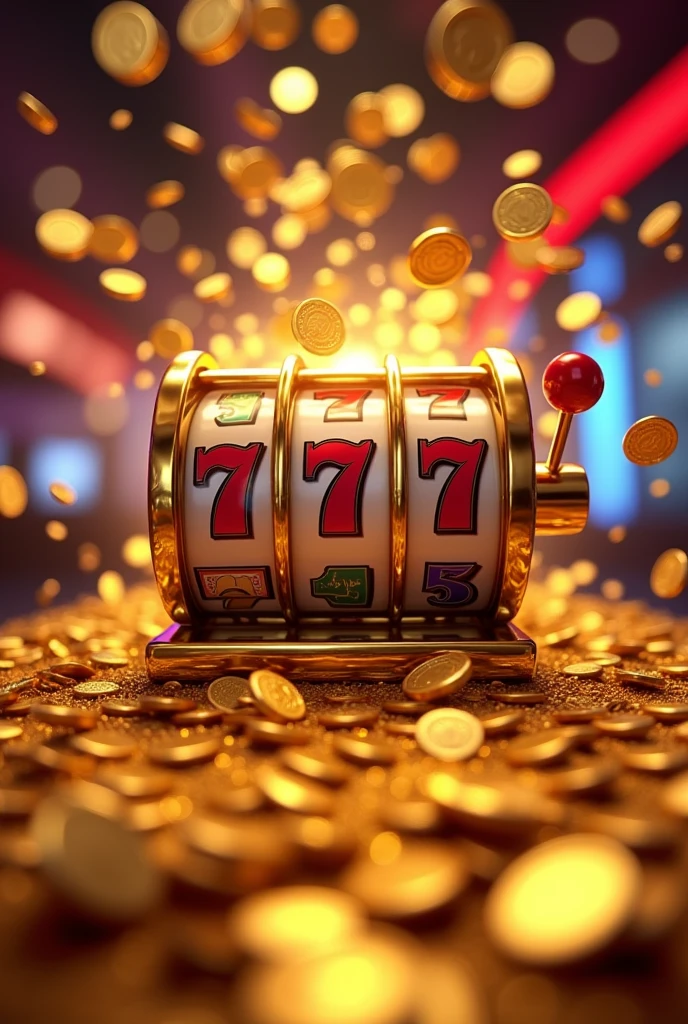 Casino slot machine, 777 jackpot, gold coins overflowing, abundance, fortune, excitement, close-up of slot reels, coins spilling everywhere, glowing lights, celebratory atmosphere, rich colors, golden shine, dynamic coin movement, piles of coins, lucky win, Vegas-style, detailed coin textures, contrast between machine and coins, euphoric moment captured