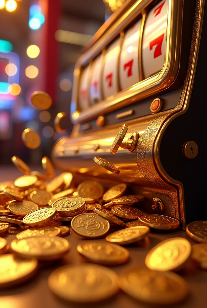 Casino slot machine, 777 jackpot, gold coins overflowing, abundance, fortune, excitement, close-up of slot reels, coins spilling everywhere, glowing lights, celebratory atmosphere, rich colors, golden shine, dynamic coin movement, piles of coins, lucky win, Vegas-style, detailed coin textures, contrast between machine and coins, euphoric moment captured