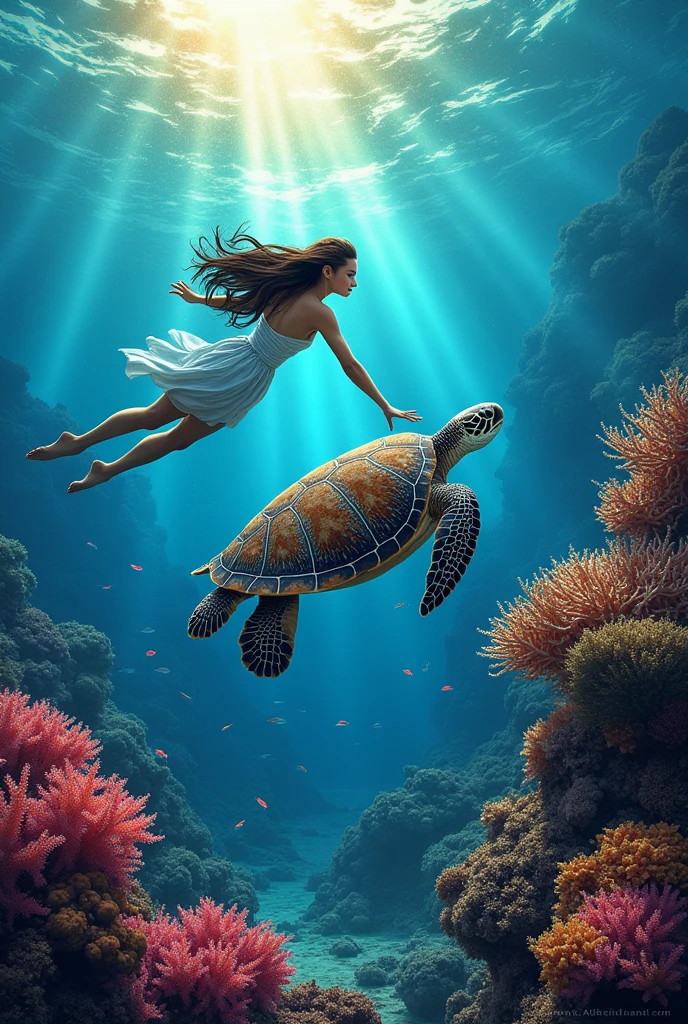 Yanna, a young woman with a radiant smile, skinny diving in the heart of a vibrant coral reef. Her body is a harmonious blend of strength and grace as she glides effortlessly through the crystal-clear water. A majestic sea turtle, its shell a canvas of swirling colors reminiscent of a Van Gogh painting, glides alongside her, matching her pace in a mesmerizing dance of marine companionship. The coral formations below are a kaleidoscope of life, with vibrant hues of red, blue, and yellow creating a stark contrast against the deep, azure backdrop of the ocean. Schools of tiny, iridescent fish flit in and out of the coral structures, adding a sprinkle of glitter to the scene. The sun's rays pierce the water's surface, casting a warm, ethereal glow that illuminates the underwater world and accentuates the swirling colors of the sea turtle's shell. Yanna's hair flows like a mermaid's, mingling with the soft coral tendrils, as she reaches out to gently touch the turtle's fin. The clear, azure water magnifies every detail, from the intricate patterns on the coral to the delicate movements of the marine life surrounding them. The overall effect is one of serene beauty and silent communion between human and nature in a world untouched by the chaos above.