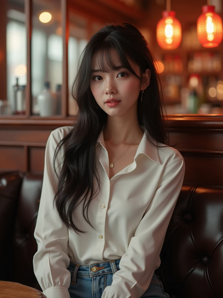background is cozy bar, 18 year, 1 girl, beautiful Korean girl, wearing white collared long sleeve shirts, short jeans, smile, sitting on sofa, solo, {beautiful and detailed eyes}, dark eyes, calm expression, delicate facial features, ((model pose)), Glamor body type, (dark hair:1.2), simple tiny earrings, long hair , hair past hip, bang, straight hair, masterpiece, Best Quality, 16k, photorealistic, ultra-detailed, finely detailed, high resolution, perfect dynamic composition, beautiful detailed eyes, eye smile, ((nervous and embarrassed)), sharp focus, full body, cowboy shot,