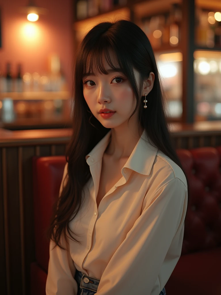 background is cozy bar, 18 year, 1 girl, beautiful Korean girl, wearing white collared long sleeve shirts, short jeans, smile, sitting on sofa, solo, {beautiful and detailed eyes}, dark eyes, calm expression, delicate facial features, ((model pose)), Glamor body type, (dark hair:1.2), simple tiny earrings, long hair , hair past hip, bang, straight hair, masterpiece, Best Quality, 16k, photorealistic, ultra-detailed, finely detailed, high resolution, perfect dynamic composition, beautiful detailed eyes, eye smile, ((nervous and embarrassed)), sharp focus, full body, cowboy shot,