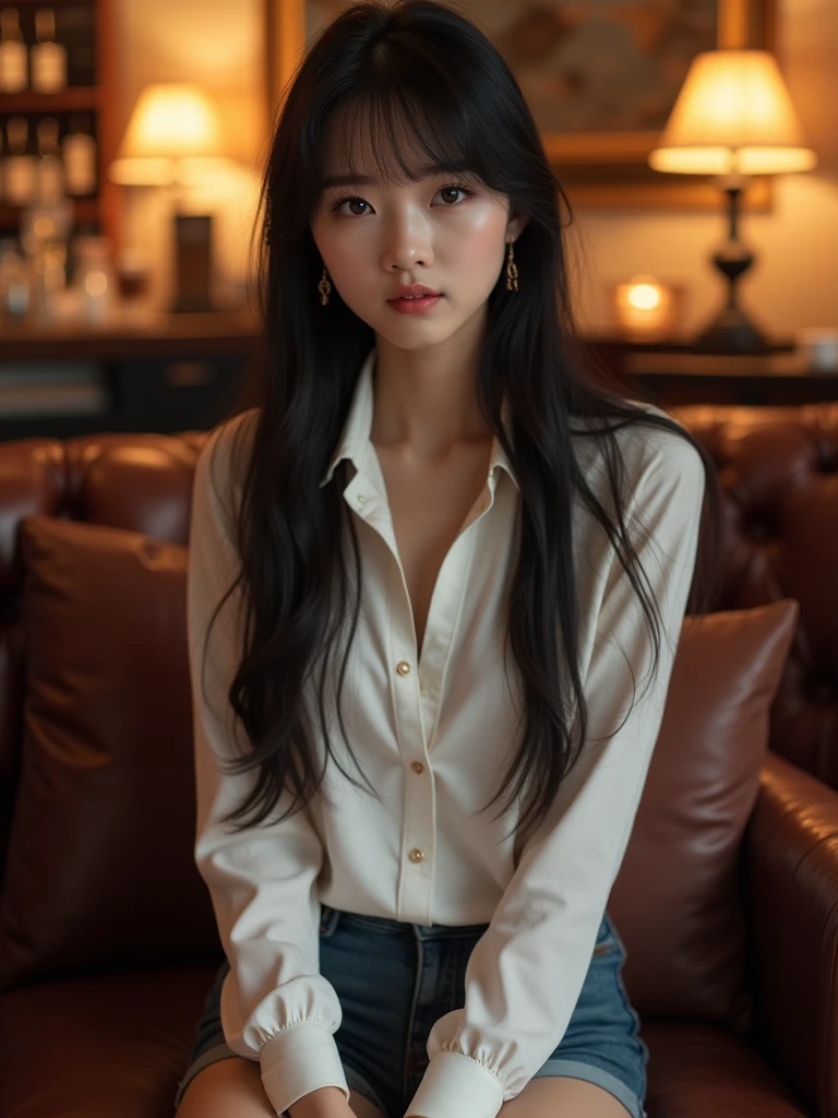 background is cozy bar, 18 year, 1 girl, beautiful Korean girl, wearing white collared long sleeve shirts, short jeans, smile, sitting on sofa, solo, {beautiful and detailed eyes}, dark eyes, calm expression, delicate facial features, ((model pose)), Glamor body type, (dark hair:1.2), simple tiny earrings, long hair , hair past hip, bang, straight hair, masterpiece, Best Quality, 16k, photorealistic, ultra-detailed, finely detailed, high resolution, perfect dynamic composition, beautiful detailed eyes, eye smile, ((nervous and embarrassed)), sharp focus, full body, cowboy shot,