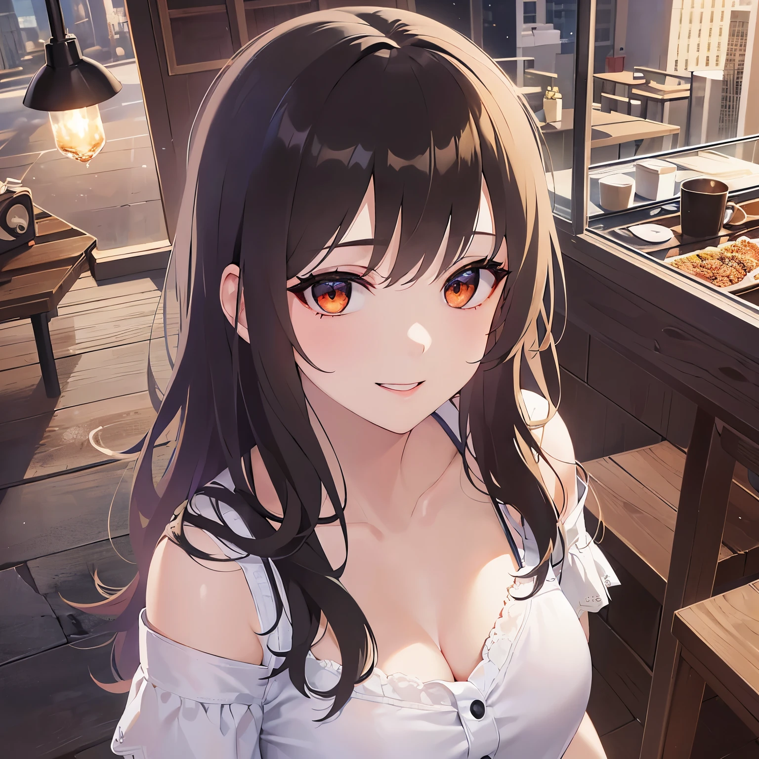 (looking at viewer:1.5）Upper Body, Shooting from above、 Realistic, real person, (pale skin: 1.2), RAW photo, photorealistic, shiny skin, shiny hair、(A 25-year-old woman with medium-length hair and bangs) and (wavy hair) and (brown hair) and (orange eyes) , (white) and (off shoulder blouse) Cleavage、(smile:1.2),(alone:1.5),The background is the interior of a cafe