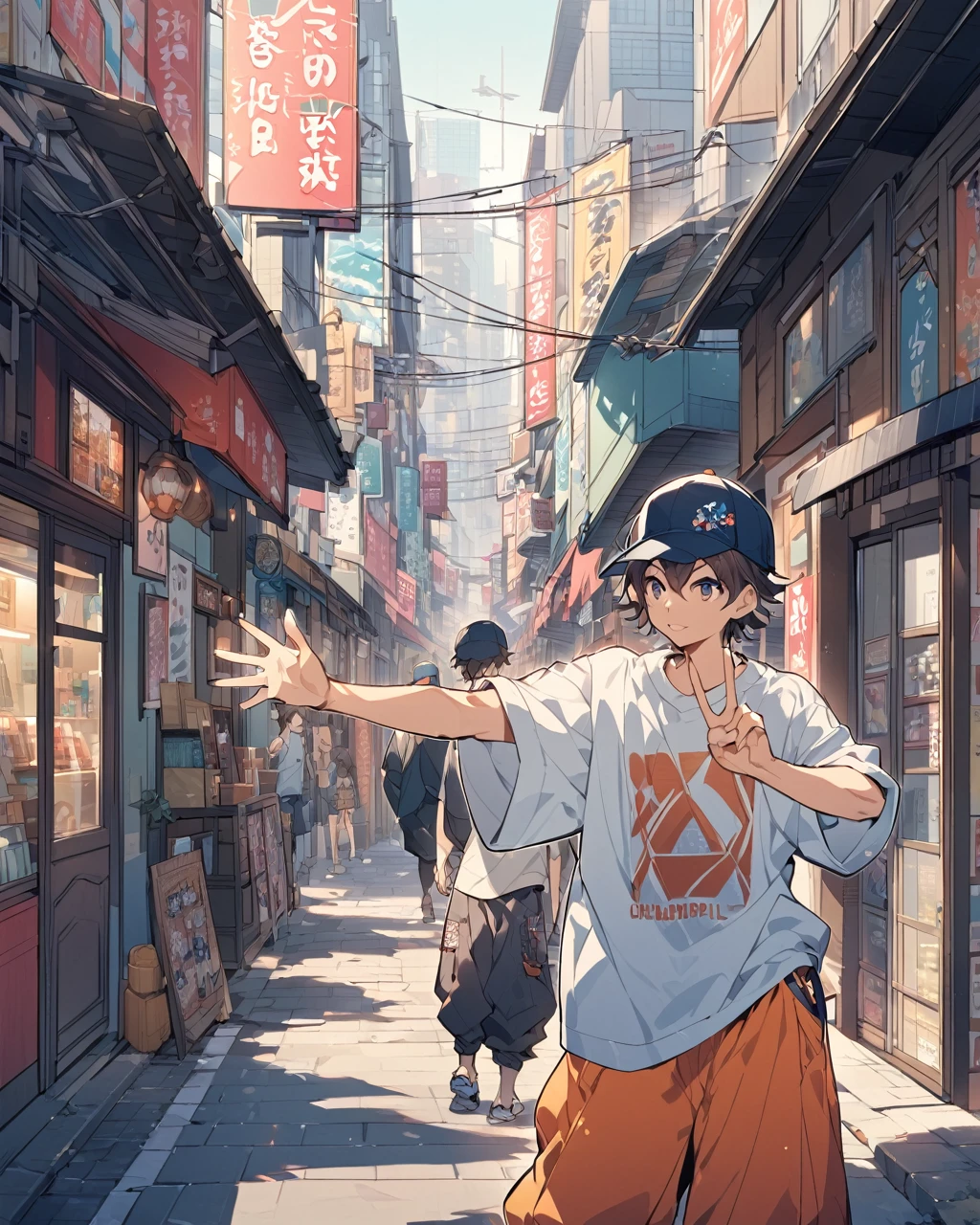 Create a detailed anime illustration of a boy with short hair standing in a vibrant, bustling urban street. He should be dressed in casual streetwear: a baseball cap, baggy pants, and a graphic t-shirt. The boy is holding up a peace sign with his right hand, his expression calm and slightly neutral. Use a two-tone pastel background to highlight the modern street scene, featuring various signs in Japanese, colorful storefronts, and a generally busy atmosphere.