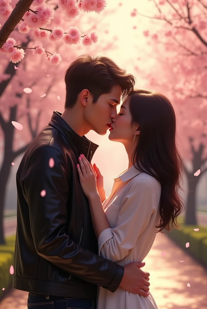 creates the image of an Argentine teenager wearing a black leather jacket and a Japanese teenager wearing a white blouse kissing on the Philosopher&#39;s Walk under the sakuras