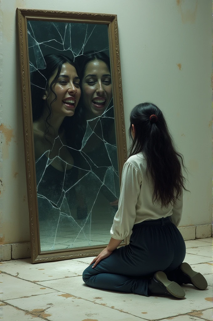 A woman kneeling on the ground, She has a broken mirror in front of her but in the mirror there are faces laughing at her