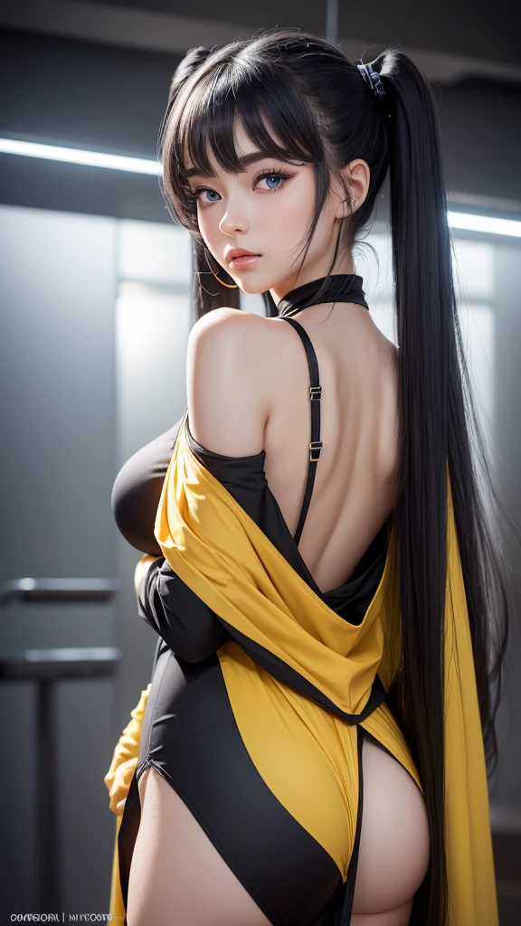 (I will draw the whole body of a beautiful hero otaku girl wearing a black zentai-like suit with a yellow logo of the single letter "F" on the chest, a yellow cape on the back, yellow gloves, and yellow boots, standing facing forward to take a passport photo.) (This beautiful girl is 18% Japanese, 26% French, and 56% Ukrainian, 178 cm tall, has a small bust but is stylish and has a beautifully proportioned body.) (Her hair is very long, reaching down to her ankles, pinkish gray, tied in twin tails with black ribbons, and curled in a spiral at the end.) (Her eyebrows are the same color as her hair, slightly thick and short, and her eyelashes are long.) (Her large blue eyes reflect the light of the lighting and are amazingly beautiful like pearls.) (Her nose bridge is high like an English person's, her lips are plump and kissable, her skin is translucent white, and the proportions of her head and face are traditionally Japanese.) Aesthetics. The number of fingers is also noteworthy. Not too many, not too few, and even the fingertips are delicately expressed. The character must show the whole body. (masterpiece, ultra-detailed, top quality, artistic composition, ultra-accurate, photorealistic, high resolution, dynamic lighting effects, consider the proportions of the whole composition, ultra-realistic). Try to emphasize facial expressions and appearance. Do your best to meet all these criteria.