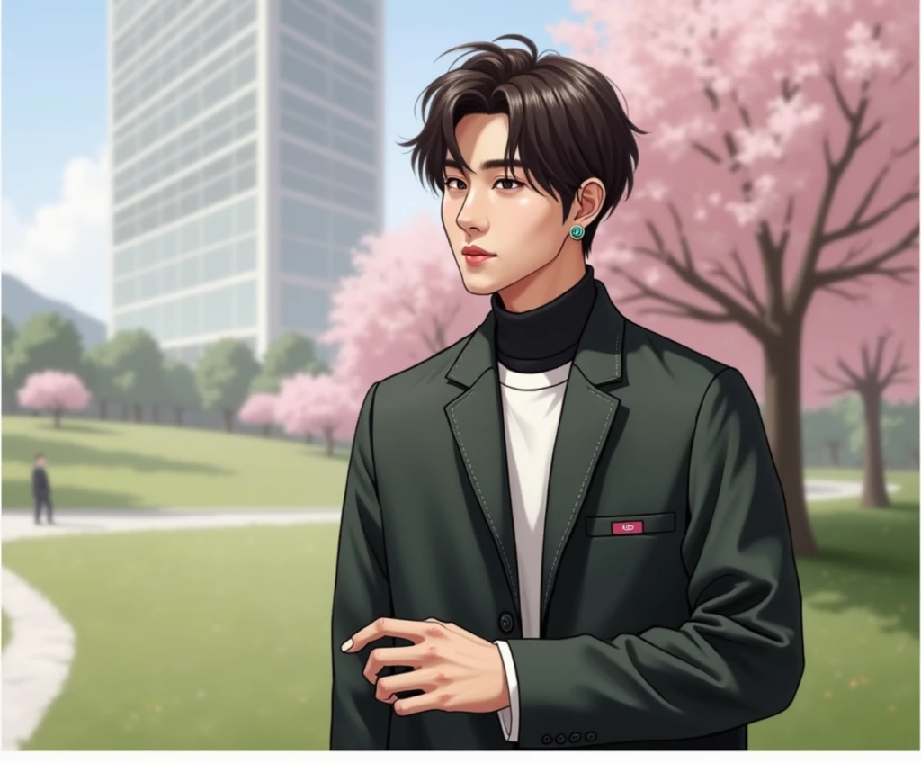{high resolution}, {{1 male}}, {{Highest quality}}, , (8k, Highest quality, masterpiece:1.2, Very detailed), (Realistic, photoRealistic) , Cool Japanese handsome men, ulzzang , Ulzzang, Facing forward, Center Part, Earrings, smile, Beautiful duo, Korean Star, White shirt, Smiling with a park in the background, Hall々It is said that, manly