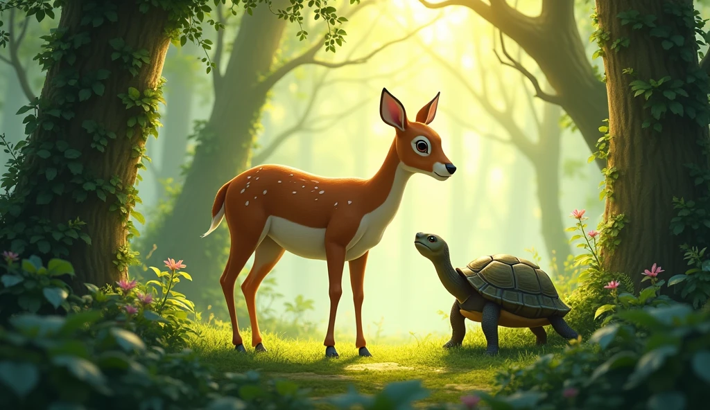 "A dense forest with tall trees and lush green surroundings. In a clearing, a graceful deer and a small tortoise are seen standing close together, symbolizing their strong friendship. The deer has a gentle expression, and the tortoise is looking up at the deer with a calm, content face. Sunlight filters through the trees, creating a peaceful and harmonious atmosphere."