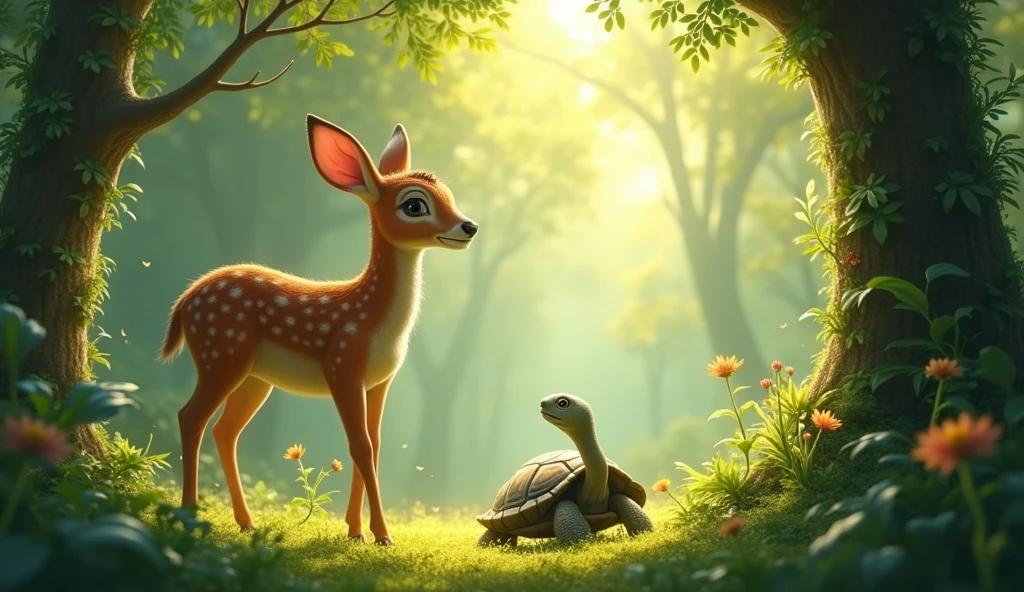  "A dense forest with tall trees and lush green surroundings. In a clearing, a graceful deer and a small tortoise are seen standing close together, symbolizing their strong friendship. The deer has a gentle expression, and the tortoise is looking up at the deer with a calm, content face. Sunlight filters through the trees, creating a peaceful and harmonious atmosphere."