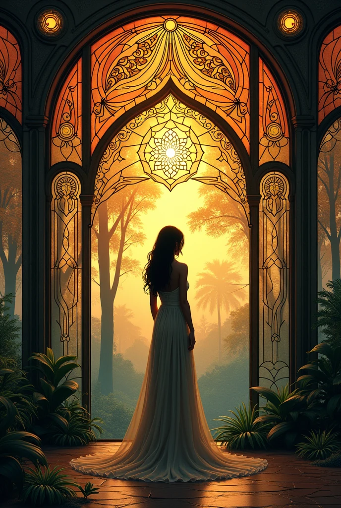 art deco:Stained glass,dull warm colors, intricate details. very detailed, Complex motifs, organic tracery, perfect composition, digital painting, art station, concept art, Smooth,, shape, T Masterpiece, highest quality, award-winning, High resolution, Landscape painting,Beautiful and amazing, catholic