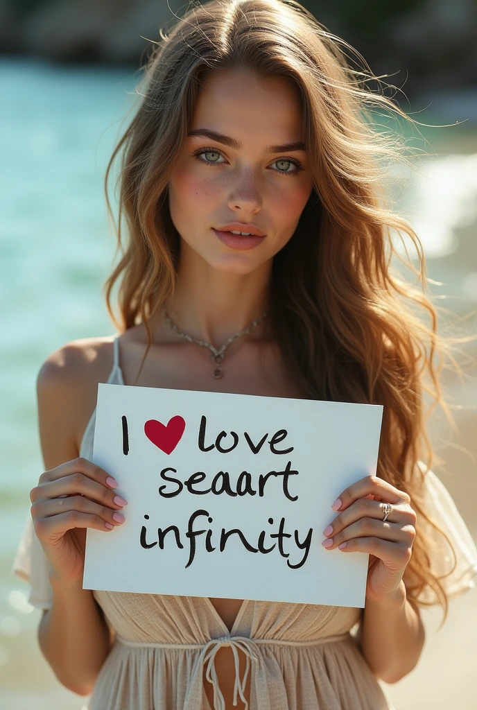 Beautiful girl with wavy long hair, bohemian dress, holding a white board with text "I Love Seaart Infinity" and showing it to the viewer