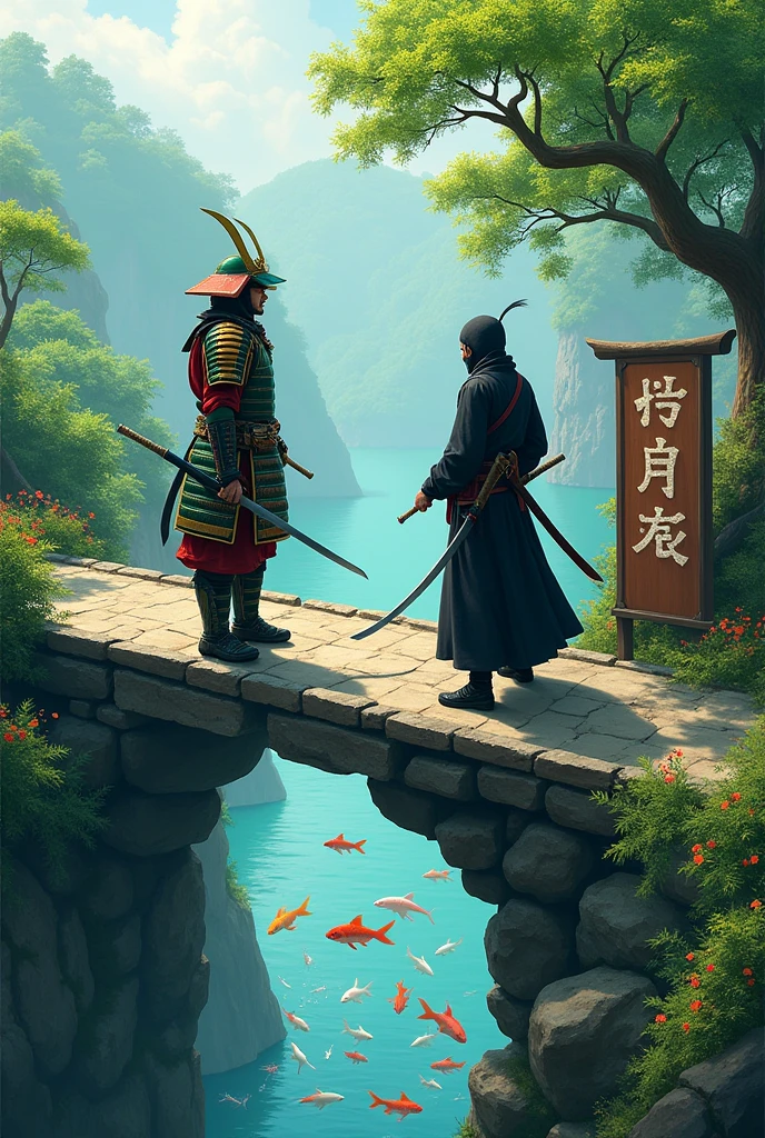 A samurai in green and red colored armor standing on a cliff bridge, looking at a lake with carp , with green trees around it and leaves flying in the wind, the samurai is fighting with a ninja wearing black clothes and a drawn katana in his hand, next to it there is a well-crafted wooden plaque with writing, " Point Tattoo "