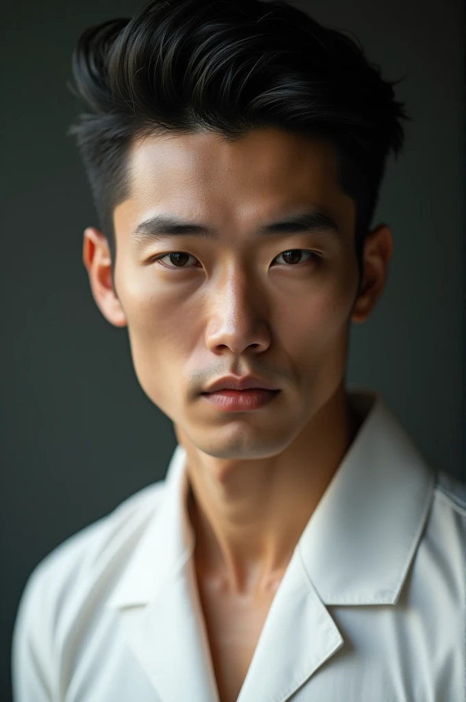 handsome man, Asian, high between 1.85 a 1.90 cm, skin very white , wears his black hair neatly combed, round face, black half-slanted eyes, elegant, marked in terms of muscle, with white shirt, serious and seductive look.