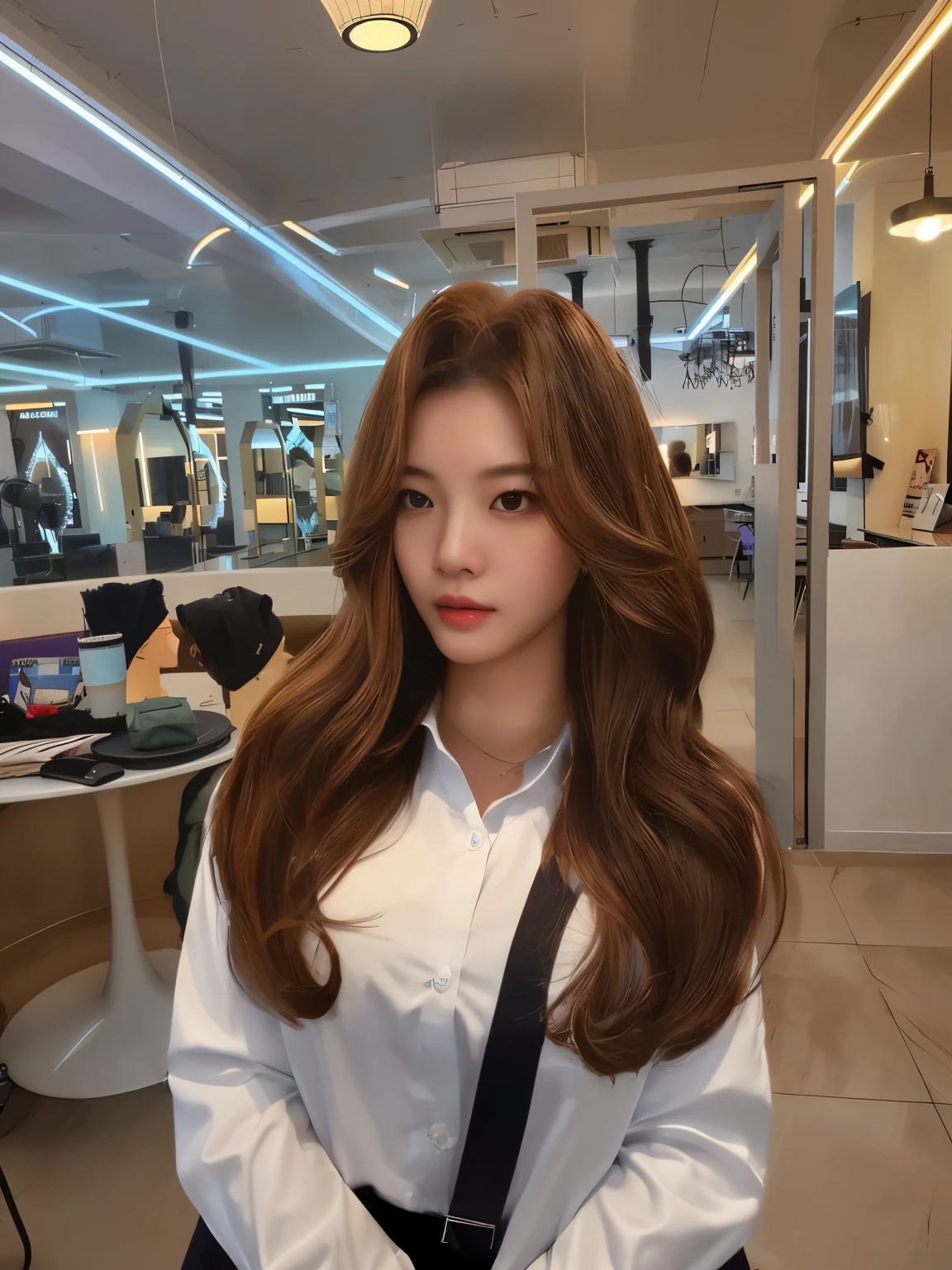 Best Quality, 8k, Masterpiece, (Portrait: 1.3), (photo realistic:1.4), (hyper realistic:1.4), Sharp Focus, looking at viewer, (smoother lighting:1.1), (increase cinematic lighting quality:0.9), realistic lighting, backlighting, light on face, ray trace, (brightening light:1.2), (Increase quality:1.4), sharp detail, (best quality real texture skin:1.4), finely detailed eyes, black_eyes, finely detailed face, 25 year old Korean woman, (dress_shirt:1.4), (Create an image maintaining the orig