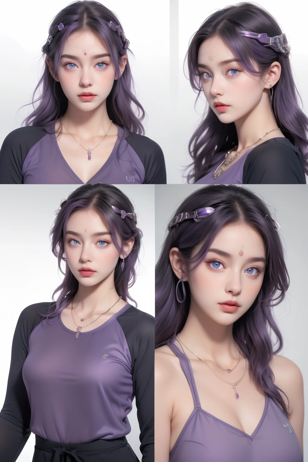 (best quality), (Very detailed), (masterpiece), (Perfect lighting), 
Take a break
(1 Girl), (Purple Hair), (Technical clothing), (Ruby Necklace), (muscle), (blue eyes), (Wear goggles on forehead)
 (Character List:1), (multiple views, whole body, Upper Body, Reference table:1)