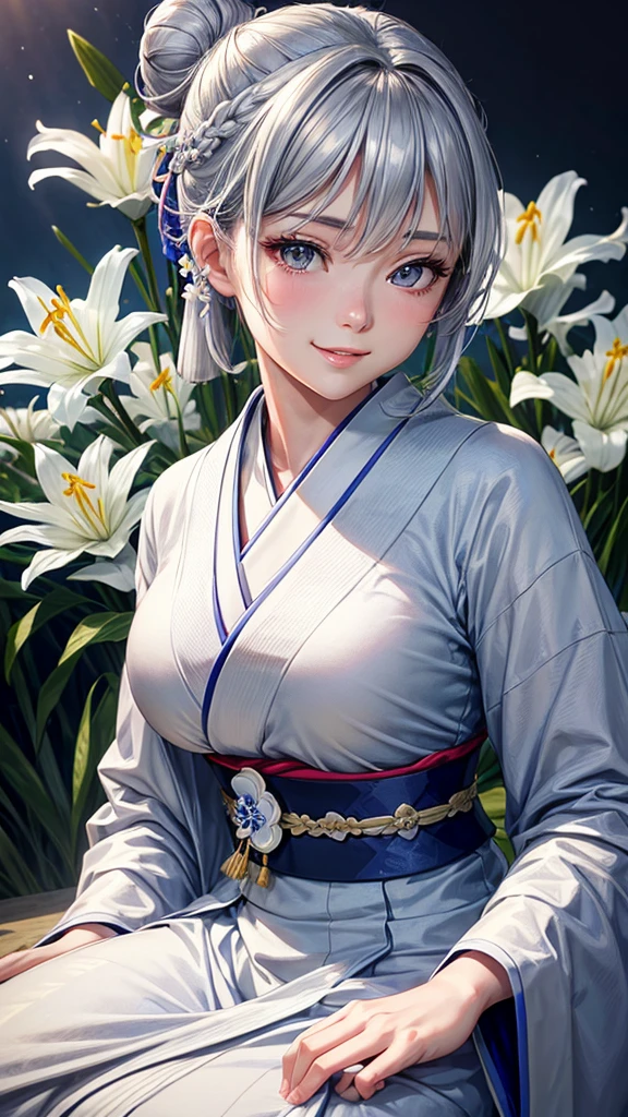 Solo, anime, masterpiece, best quality, high resolution, closeup portrait, a female, bluish gray hair, hair bun, white kimono, Japanese noble lady, white Lily, amazing composition, front view, HDR, ultra quality, elegant, highly detailed, beautiful lady, smile, girl, young lady.