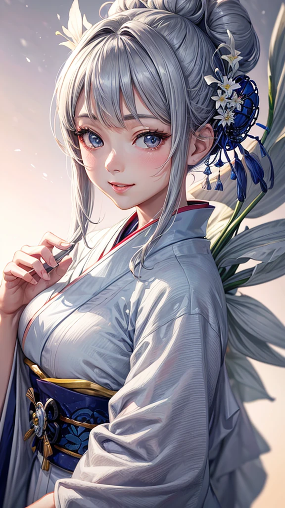 Solo, anime, masterpiece, best quality, high resolution, closeup portrait, a female, bluish gray hair, hair bun, white kimono, Japanese noble lady, white Lily, amazing composition, front view, HDR, ultra quality, elegant, highly detailed, beautiful lady, smile, girl, young lady.