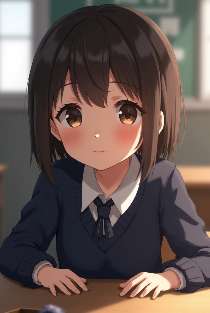 Highest quality, Face Focus, Soft Light, Ultra-high resolution, (Realistic:1.4), RAW Photos, 1 Japan, alone, cute, (A shy smile:0.5), (Brown eyes, Light in your eyes), Beautiful face in every detail, (Small box),(High resolution detail of human skin texture), (Short Bob Hair), break, In the classroom,Navy uniform, Best, skirt,naked
