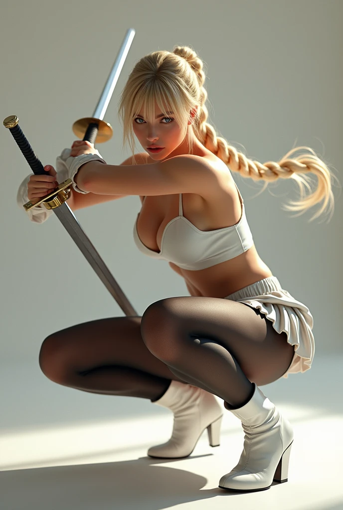 masterpiece, Best Quality, super rendering, super Realistic, High Detail Face, Clean and delicate face, whole body, Crouch and swing a long sword, grip the sword anatomically correctly, Single Braided blonde pony tail, parted bangs, forehead, wearing a camisole and pleated mini skirt, white high cut underwear, Sleeveless, black pantyhose, white short boots, glaring at the viewer, simple color background ,(photorealistic:1.5) ,big breast ,small waist ,hour glass figure,big ass