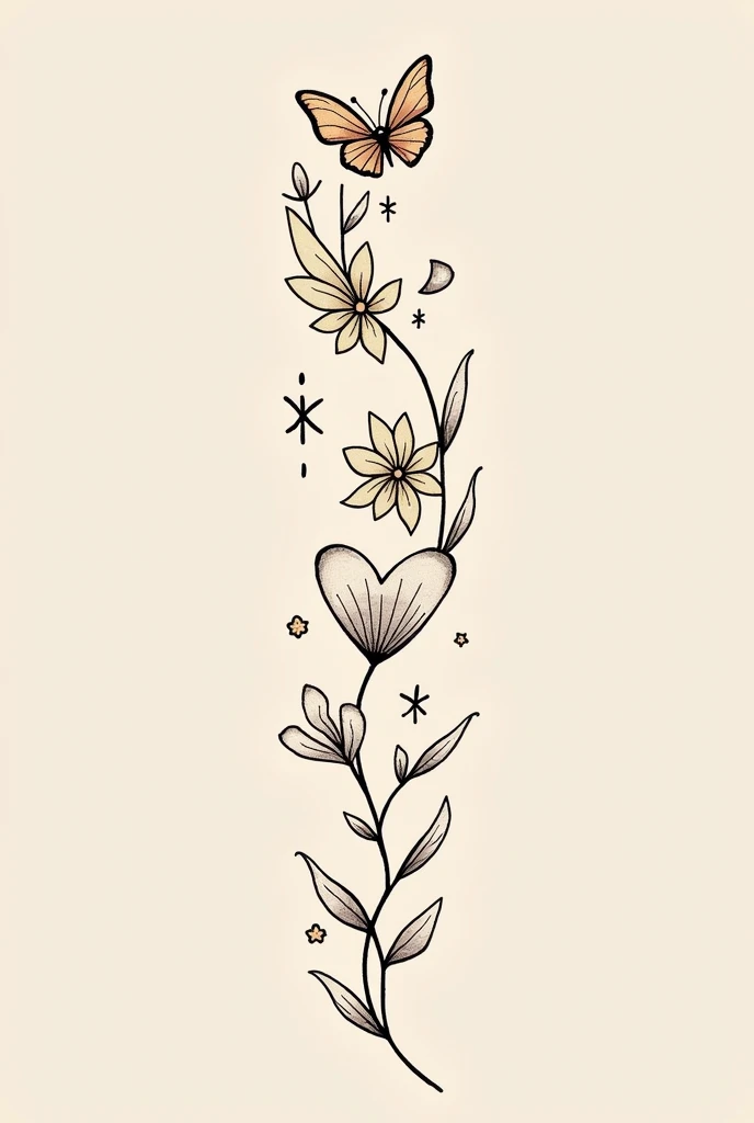 a butterfly, a heart, a half moon, A star and a 4-leaf clover in a single tattoo with just one stroke, as if it were a doodle