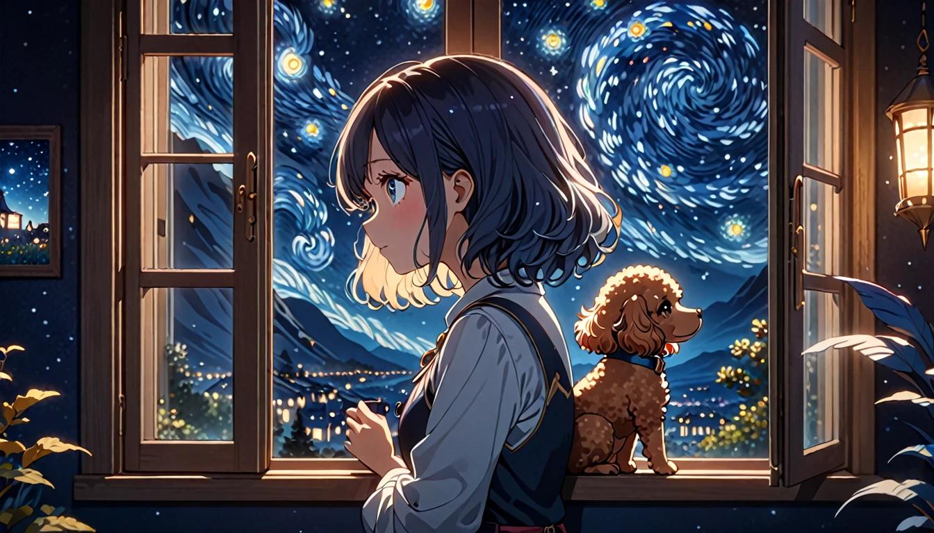 a girl , a toy poodle, rear view looking out the open window, a starry night sky outside the window, detailed face and eyes, detailed dog, highly detailed, 8k, masterpiece, animetic, cinematic lighting, dramatic lighting, fantasy, whimsical, ethereal, magical