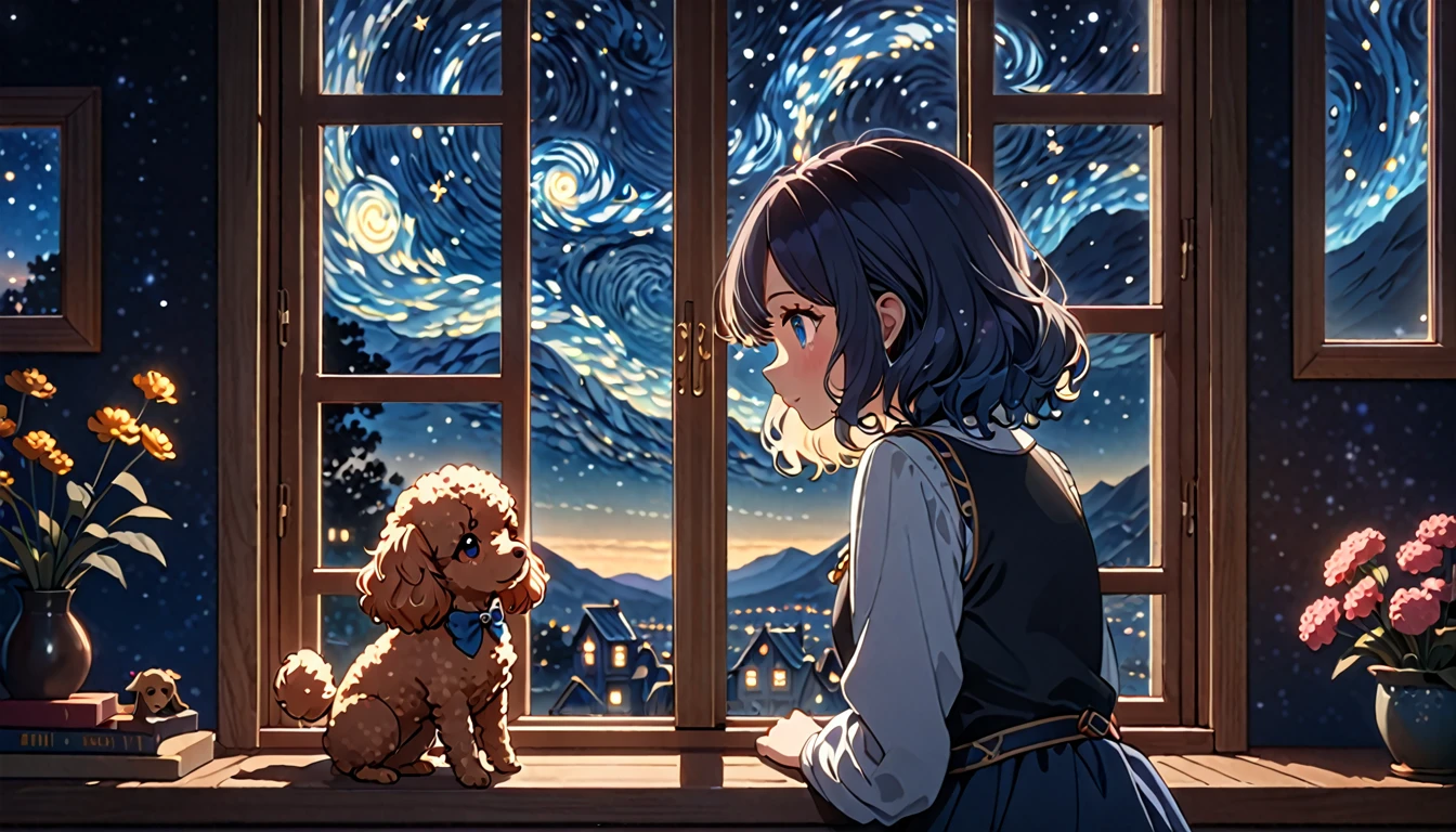 a girl , a toy poodle, rear view looking out the open window, a starry night sky outside the window, detailed face and eyes, detailed dog, highly detailed, 8k, masterpiece, animetic, cinematic lighting, dramatic lighting, fantasy, whimsical, ethereal, magical