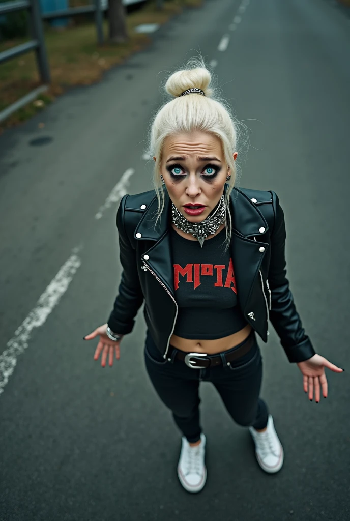 russian milf, platinum blonde hair in top bun ,with very light blue eyes, pale, heavy eye shadows. Sad face, big eyes, smeared make up. Wearing black moto jacket, cropped metal band t-shirt, black skinny jeans and white tennis sneakers. Lots of metallic braceles and collars. Tattoed. Tacky leather belt with oversized buckle. Wide loop earrings. Scared face. Sitting on the ground. Seen from behind