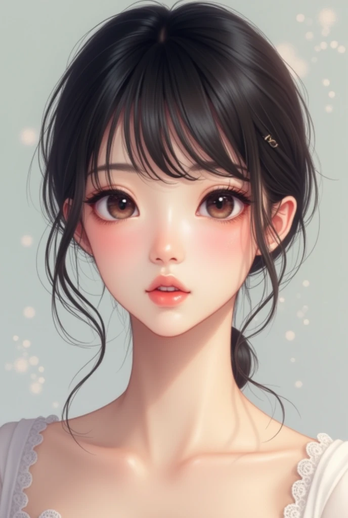 (high quality, best rendering) realistic japanese woman face with pretty white pinkish black hair with bangs wearing cute white kwai outfit