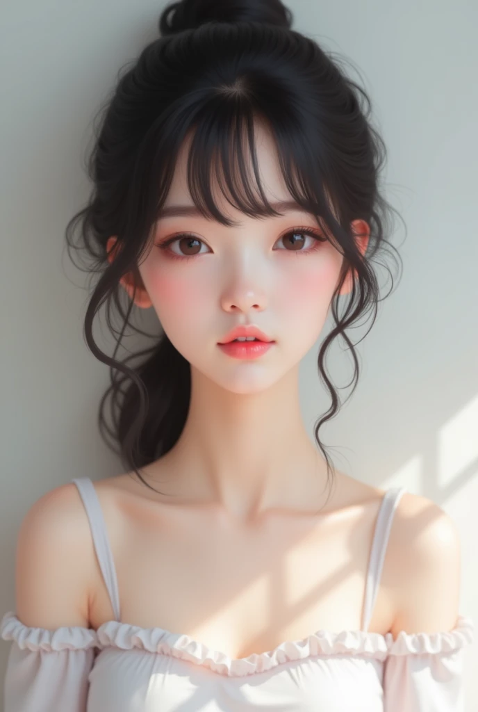 (high quality, best rendering) realistic japanese woman face with pretty white pinkish black hair with bangs wearing cute white kwai outfit