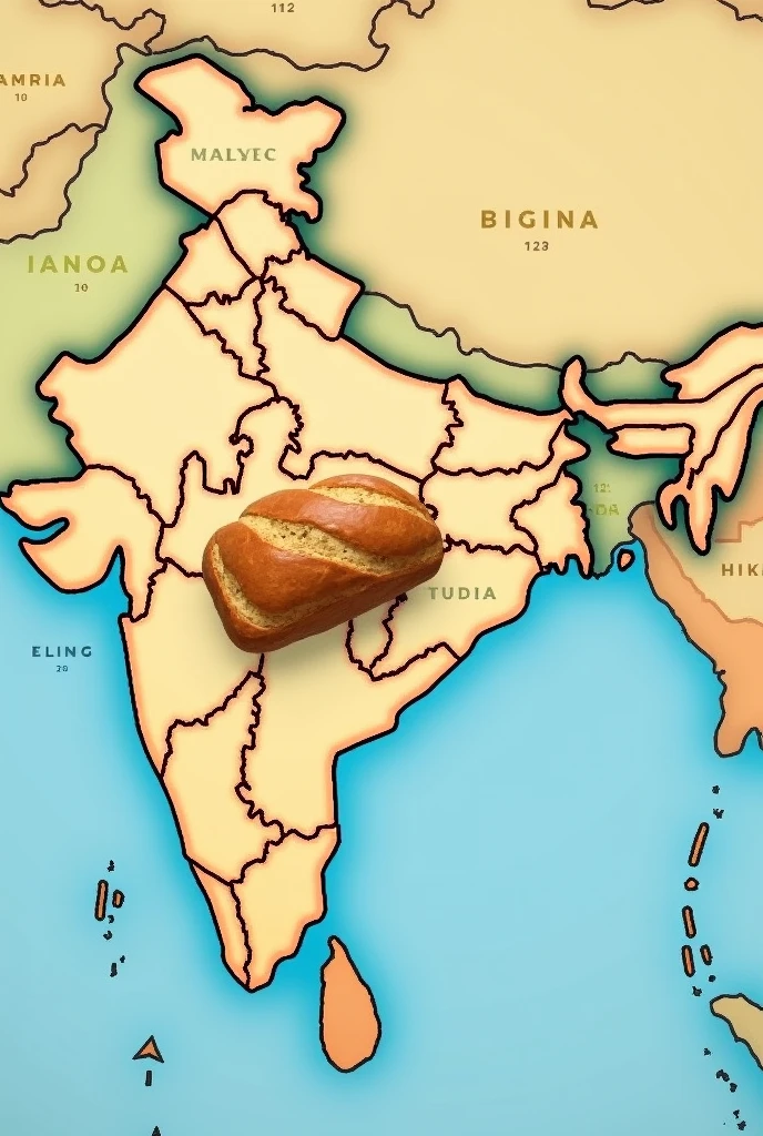 Draw political map of india and put a bread & sugar cane piece in uttar pradesh
