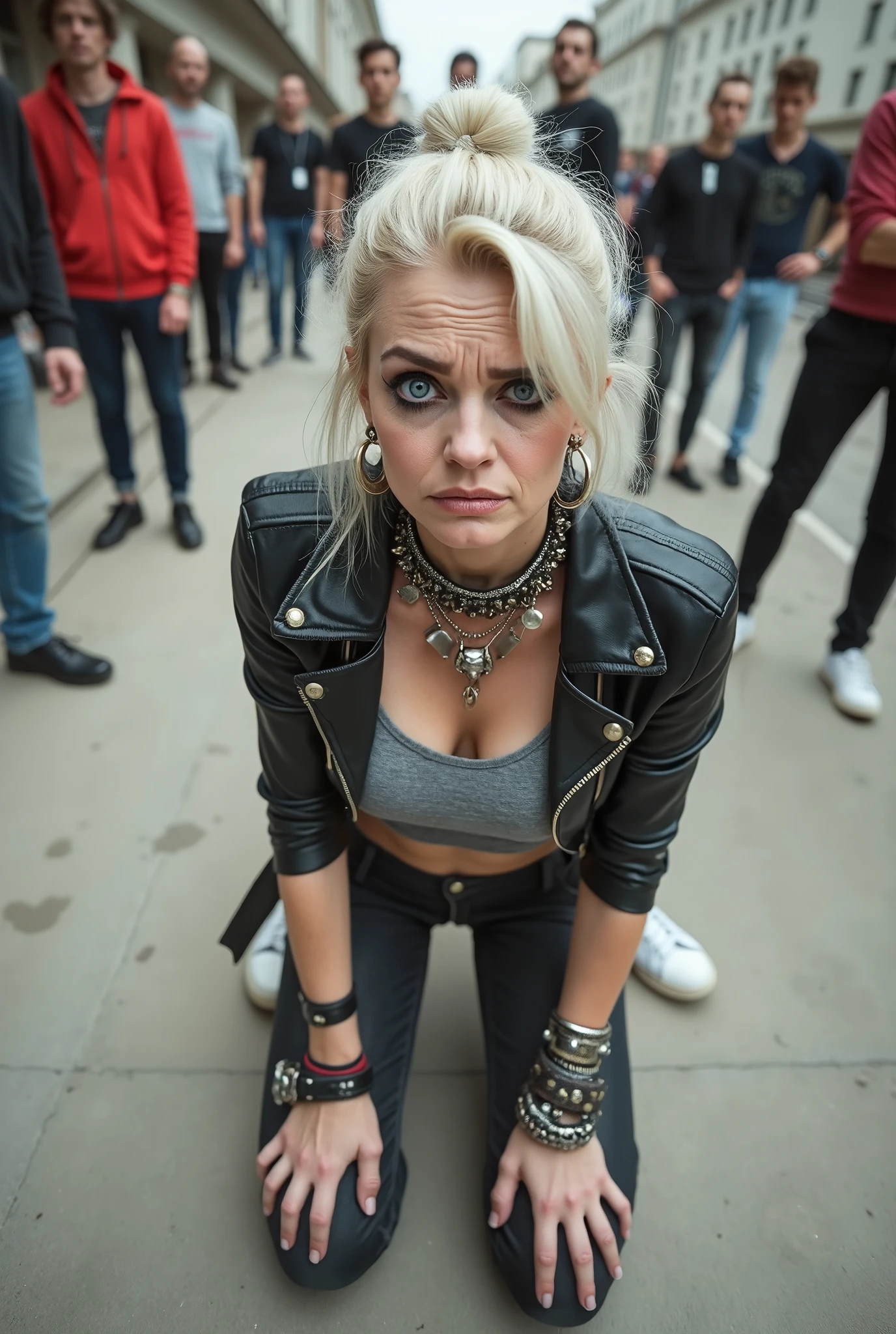 russian milf, platinum blonde hair in top bun ,with very light blue eyes, pale, heavy eye shadows. Sad face, big eyes, smeared make up. Wearing black moto jacket, cropped metal band t-shirt, black skinny jeans and white tennis sneakers. Lots of metallic braceles and collars. Tattoed. Tacky leather belt with oversized buckle. Wide loop earrings. Scared face. Sitting  on the ground. Seen from behind