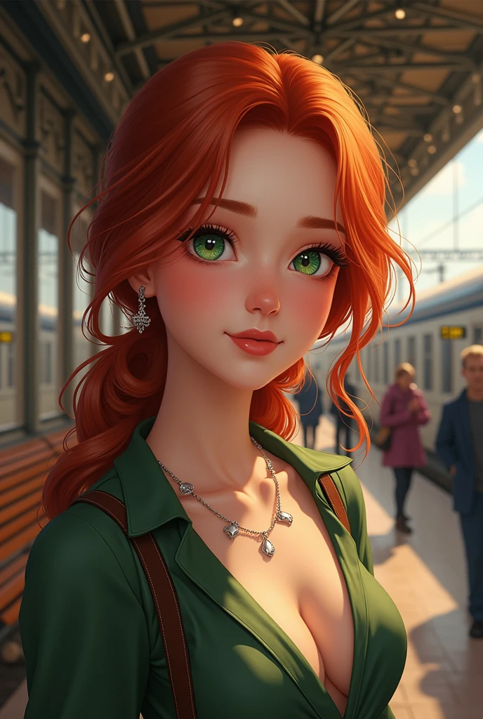 (photorealism:1.2), beautiful woman, redhead green eyes smiling in a station train realistic