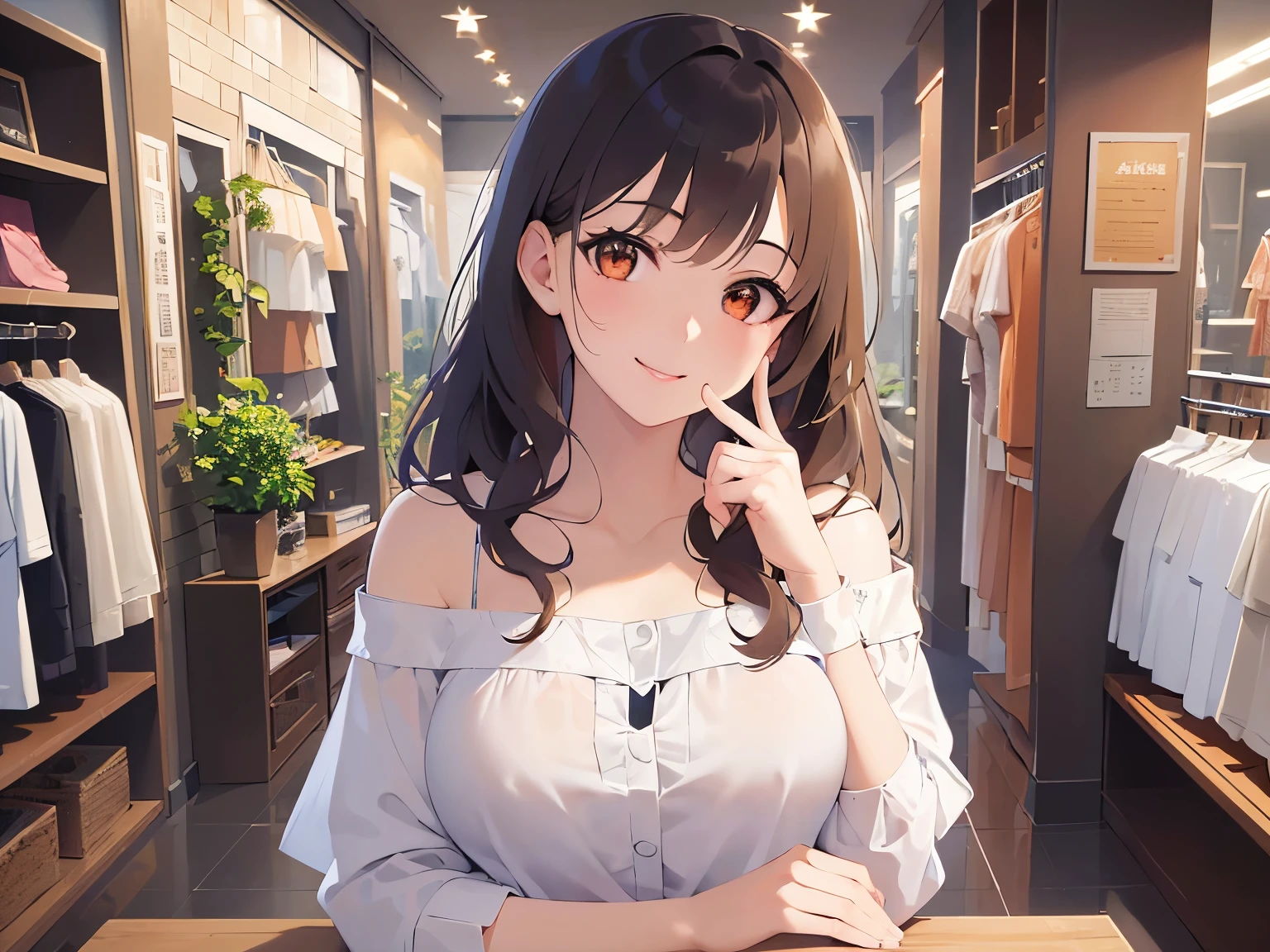 side angle, Upper Body, Realistic, real person, (pale skin: 1.2), RAW photo, photorealistic, portrait photography, shiny skin, shiny hair、(25 year old woman with medium hair with bangs) and (wavy hair) and (brown hair) and (orange eyes) ,(white T shirt) and (long sleeve) and (Cleavage), (smile, blush:1.5), clothes shop、Alone、Are standing