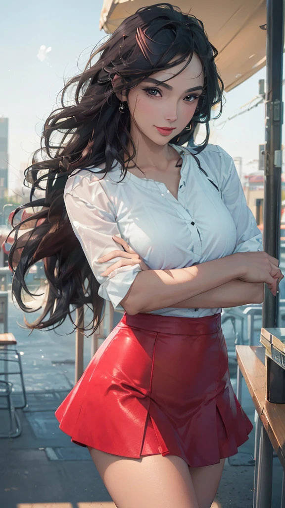 (Best Quality,ultra detailed,photorealistic:1.37),bright and vibrant colors,studio lighting,playful expression,Elegant makeup,long black hair flowing in the wind,seductive eyes,bright lips,pose sexy, mini skirt, coffee shop, negro,smiling in a confident and seductive way,posing for a professional photo shoot,shallow depth of field,highlighting the main theme,soft natural lighting,creating a dreamy and magical atmosphere.