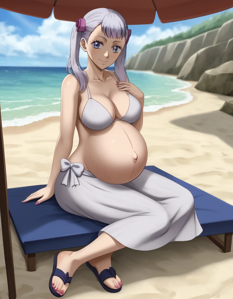 noelle_blackclover, Noelle Silva, Black Clover, long silver hair, waist-length hair, half-up half-down hairstyle, ribbon, soft waves, side-parted bangs, almond-shaped blue eyes, high-quality, ultra-detailed, beast quality, 8K resolution, anime style,
looking at viewer, smile, pregnant belly, large belly, huge belly, big Breasts, Sitting
1girl,solo, indoors, beach, happy, Smiling, rub belly,
full body, Nail polish, Sandals
