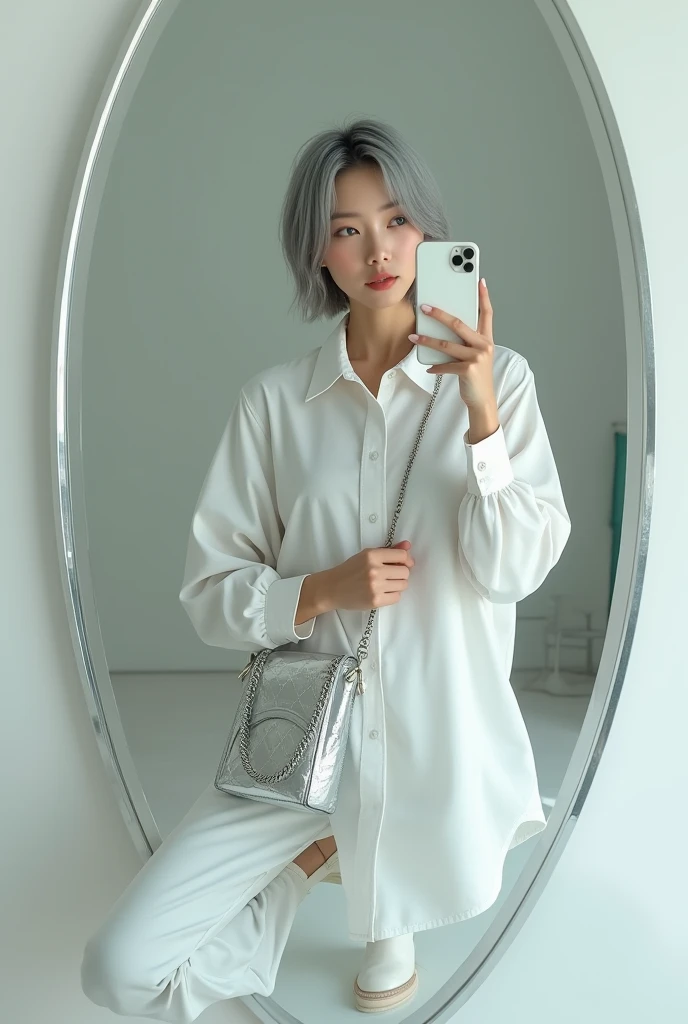 highly detailed, beautiful, hyper Realistic girl, masterpiece, best quality, Japanese sexy gravure woman, 28 years old, identity hidden, takes a selfie in her room using a smartphone in front of a mirror with one hand, fashion model Posing, looking away from the camera, /// gray short hair, light color eyes, Realistic skin, Detailed face, /// Design a futuristic fall fashion ensemble centered on white, keeping in line with minimalist aesthetics. (wearing a All News Paper Print Big nylon Shirt). Complete the look with white ankle boots that have a metallic finish and a translucent, geometric silver bag. The overall vibe should exude a sleek, forward-thinking style that seamlessly blends modern minimalism with a touch of the future, /// Monotone simple modern taste single room, mirror, complicated background,