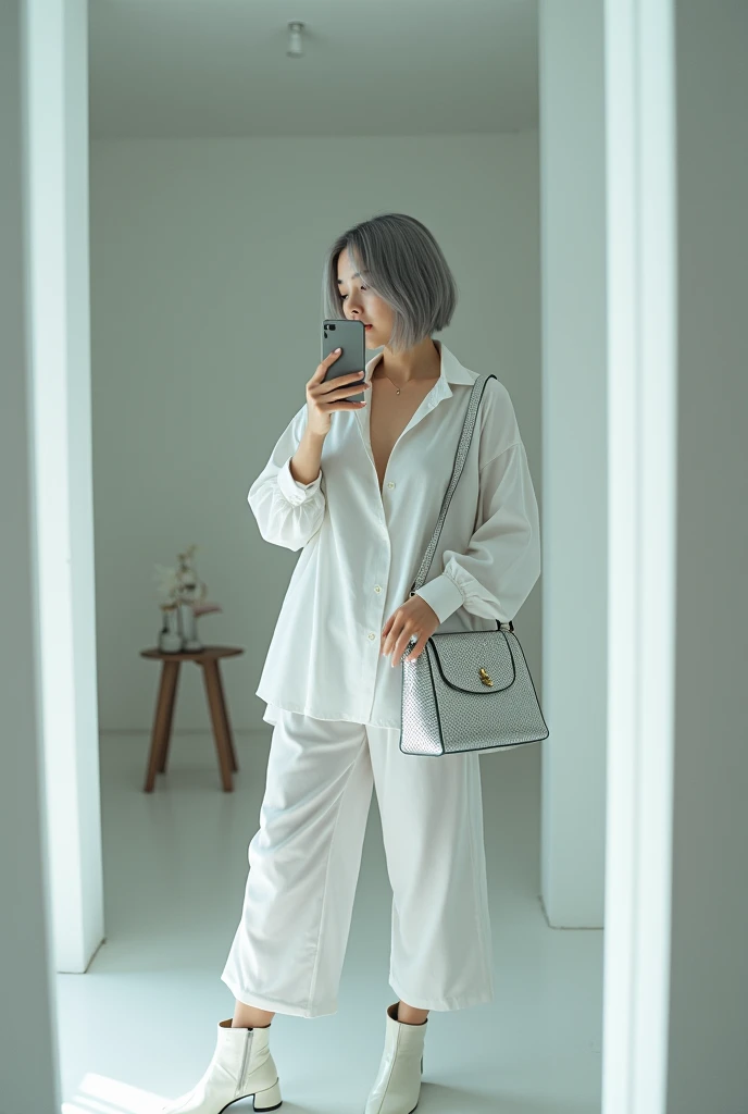highly detailed, beautiful, hyper Realistic girl, masterpiece, best quality, Japanese sexy gravure woman, 28 years old, identity hidden, takes a selfie in her room using a smartphone in front of a mirror with one hand, fashion model Posing, looking away from the camera, /// gray short hair, light color eyes, Realistic skin, Detailed face, /// Design a futuristic fall fashion ensemble centered on white, keeping in line with minimalist aesthetics. (wearing a All News Paper Print Big nylon Shirt). Complete the look with white ankle boots that have a metallic finish and a translucent, geometric silver bag. The overall vibe should exude a sleek, forward-thinking style that seamlessly blends modern minimalism with a touch of the future, /// Monotone simple modern taste single room, mirror, complicated background,