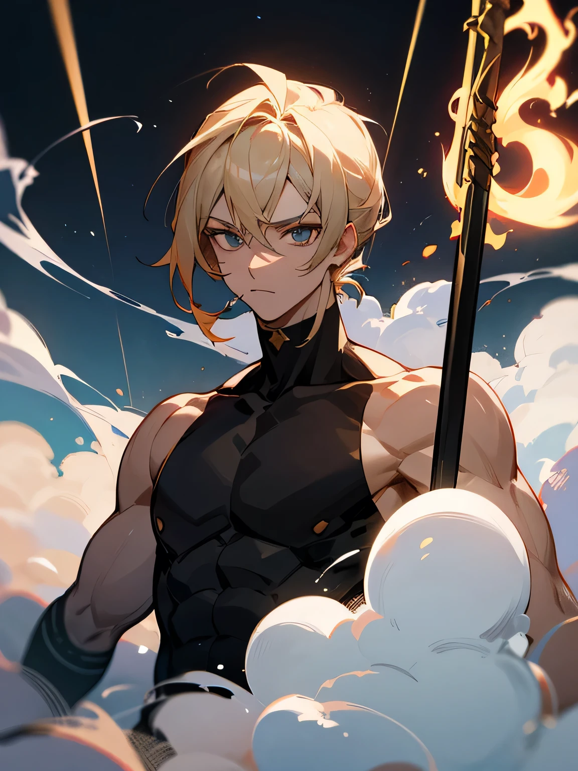 19-year-old boy with a muscular body, amber eyes, clear and smooth skin, short blonde hair, tall, wearing only shorts and no shirt, with grey energy.